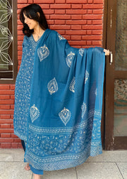 Blue Cotton Block Print Suit & Mulmul Dupatta